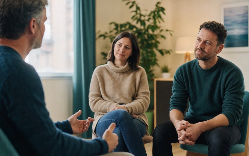 Kleine Gruppe von Menschen in einem Gemeinschaftsraum – Selbsthilfegruppe für Spielsucht
